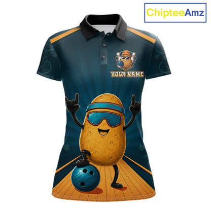 Funny Rock-On Potato Women's Bowling Polo Shirt, Personalized Blue Bowling Team Jersey, Cartoon Potato League Apparel, Fun Performance Polo, Meme Sportswear, Team Spirit