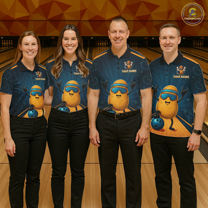 Bowling team wearing matching Rock-On Potato bowling jerseys, personalized league uniforms, friendship, humor, social bowling nights, darts & pickleball crossover