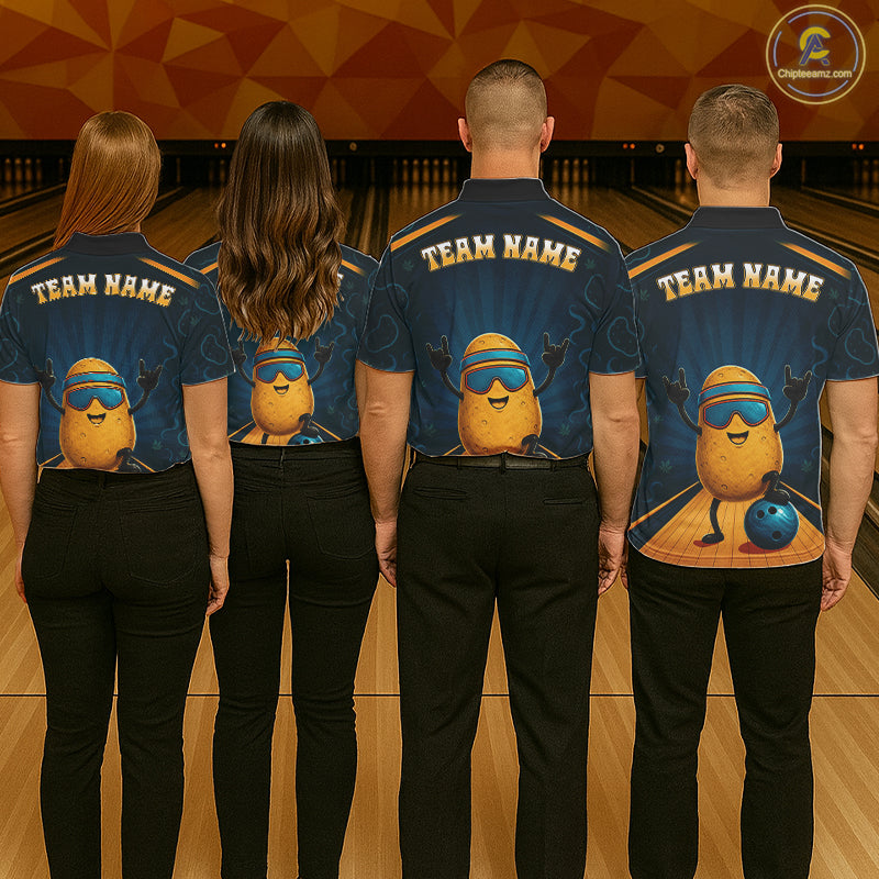 Bowling team wearing matching Rock-On Potato bowling jerseys, personalized league uniforms, friendship, humor, social bowling nights, darts & pickleball crossover