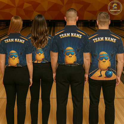 Bowling team wearing matching Rock-On Potato bowling jerseys, personalized league uniforms, friendship, humor, social bowling nights, darts & pickleball crossover
