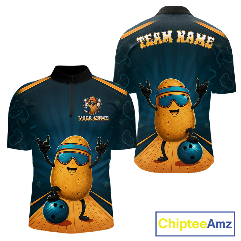 Rock-On Potato Men's Quarter-Zip Bowling Shirt, Personalized Meme Bowling League Jersey
