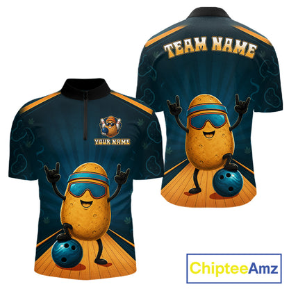 Rock-On Potato Men's Quarter-Zip Bowling Shirt, Personalized Meme Bowling League Jersey