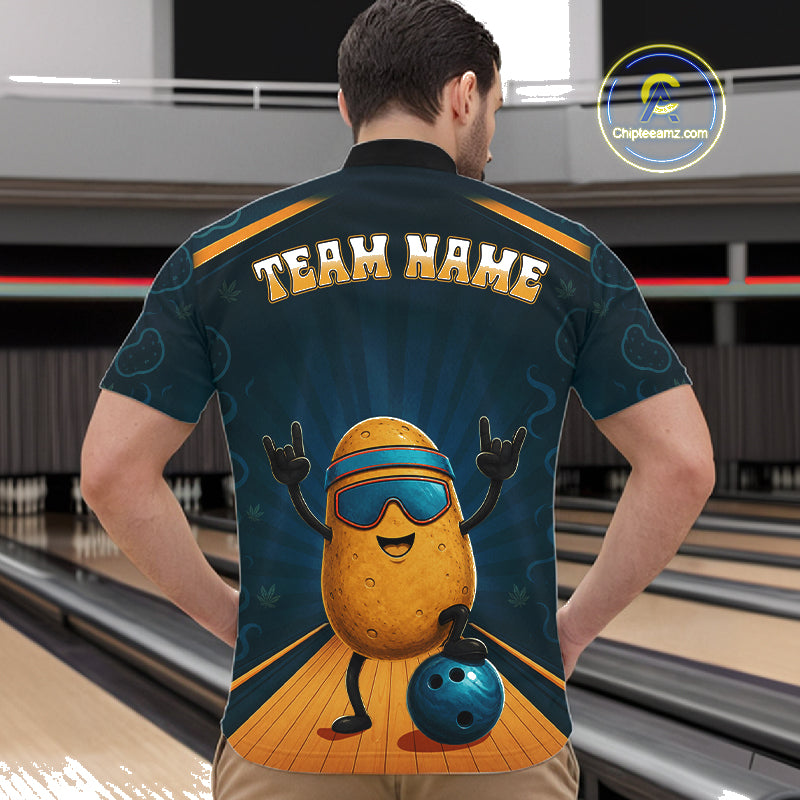 Male model wearing Funny Rock-On Potato bowling polo, personalized cartoon bowling jersey, fun league competition