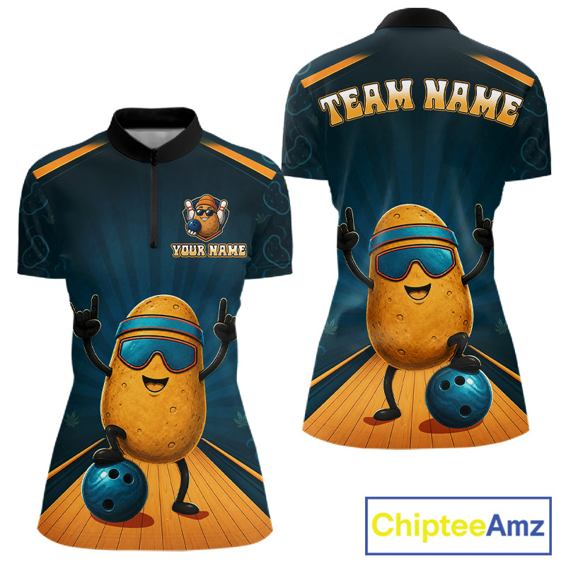 Rock-On Potato Women's Quarter-Zip Bowling Shirt, Personalized Funny Bowling Tournament Jersey, Cartoon Performance Apparel