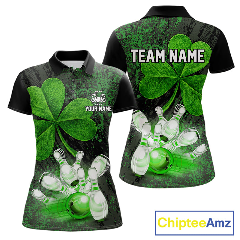 Personalized Shamrock Grunge Bowling Shirts For Women, Custom St Patrick Day Bowling Team Shirts NYN4207