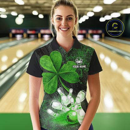 Personalized Shamrock Grunge Bowling Shirts For Women, Custom St Patrick Day Bowling Team Shirts NYN4207