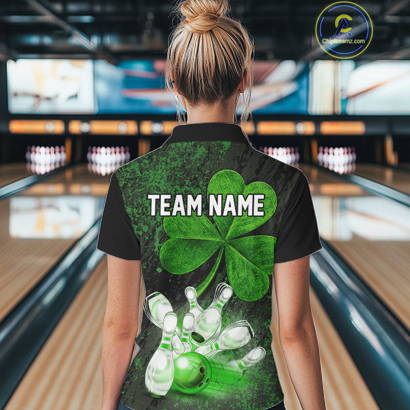 Personalized Shamrock Grunge Bowling Shirts For Women, Custom St Patrick Day Bowling Team Shirts NYN4207