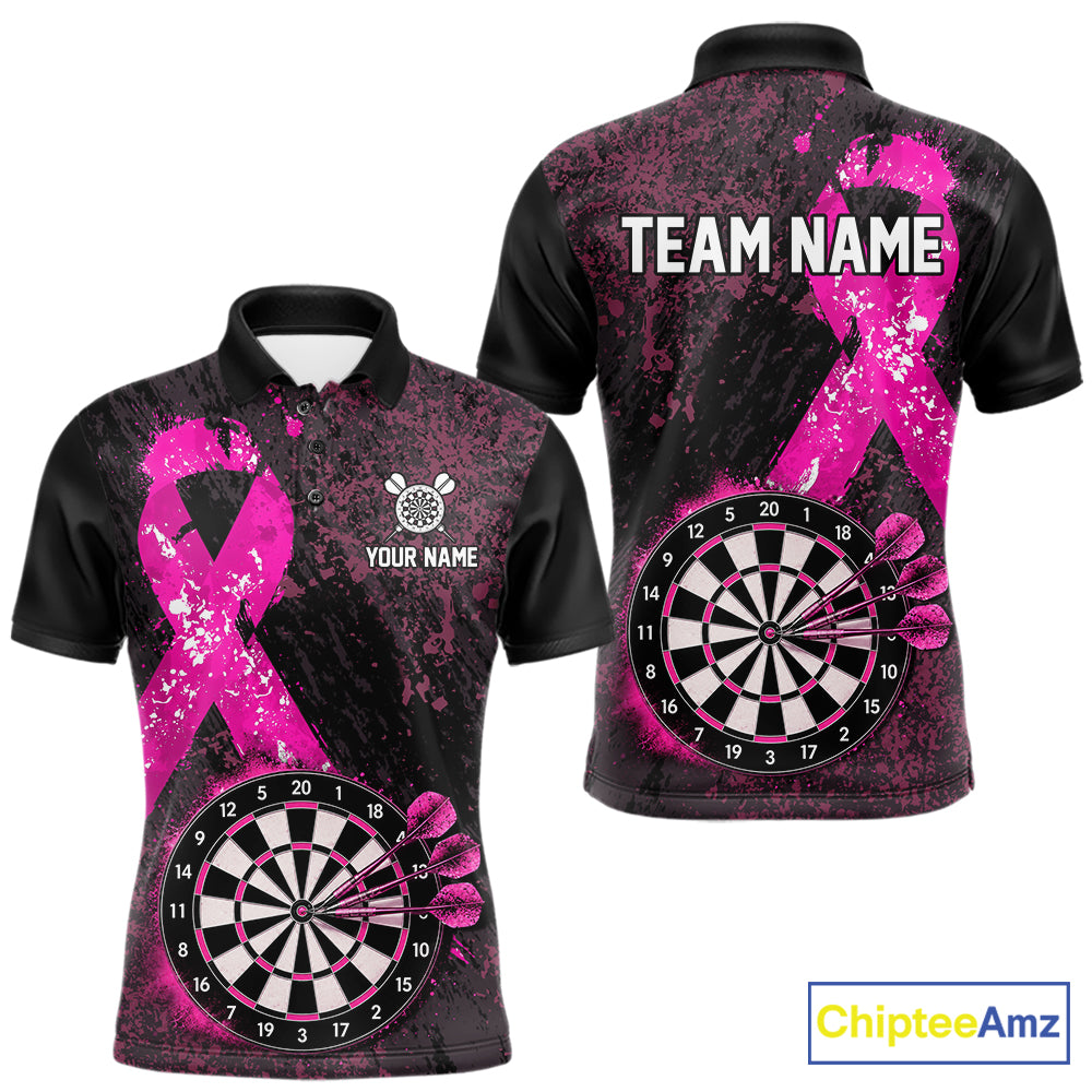 Personalized Pink Ribbons Grunge Darts Shirts For Men, Custom Breast Cancer Darts Team Shirts NYN4208
