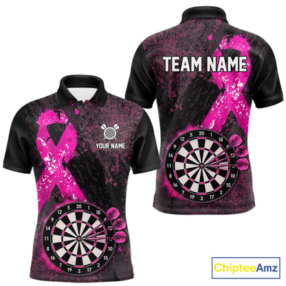 Personalized Pink Ribbons Grunge Darts Shirts For Men, Custom Breast Cancer Darts Team Shirts NYN4208