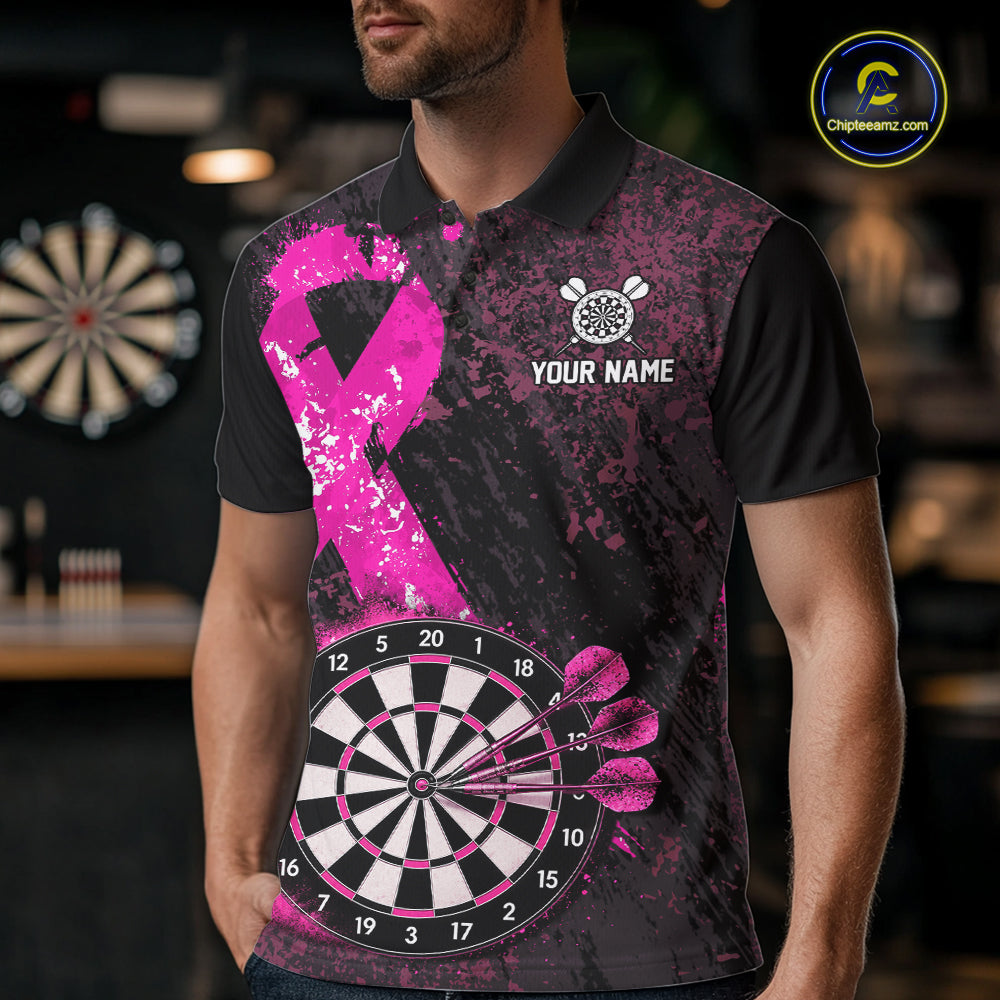 Personalized Pink Ribbons Grunge Darts Shirts For Men, Custom Breast Cancer Darts Team Shirts NYN4208