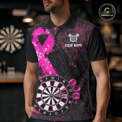 Personalized Pink Ribbons Grunge Darts Shirts For Men, Custom Breast Cancer Darts Team Shirts NYN4208
