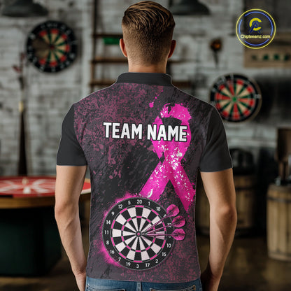 Personalized Pink Ribbons Grunge Darts Shirts For Men, Custom Breast Cancer Darts Team Shirts NYN4208