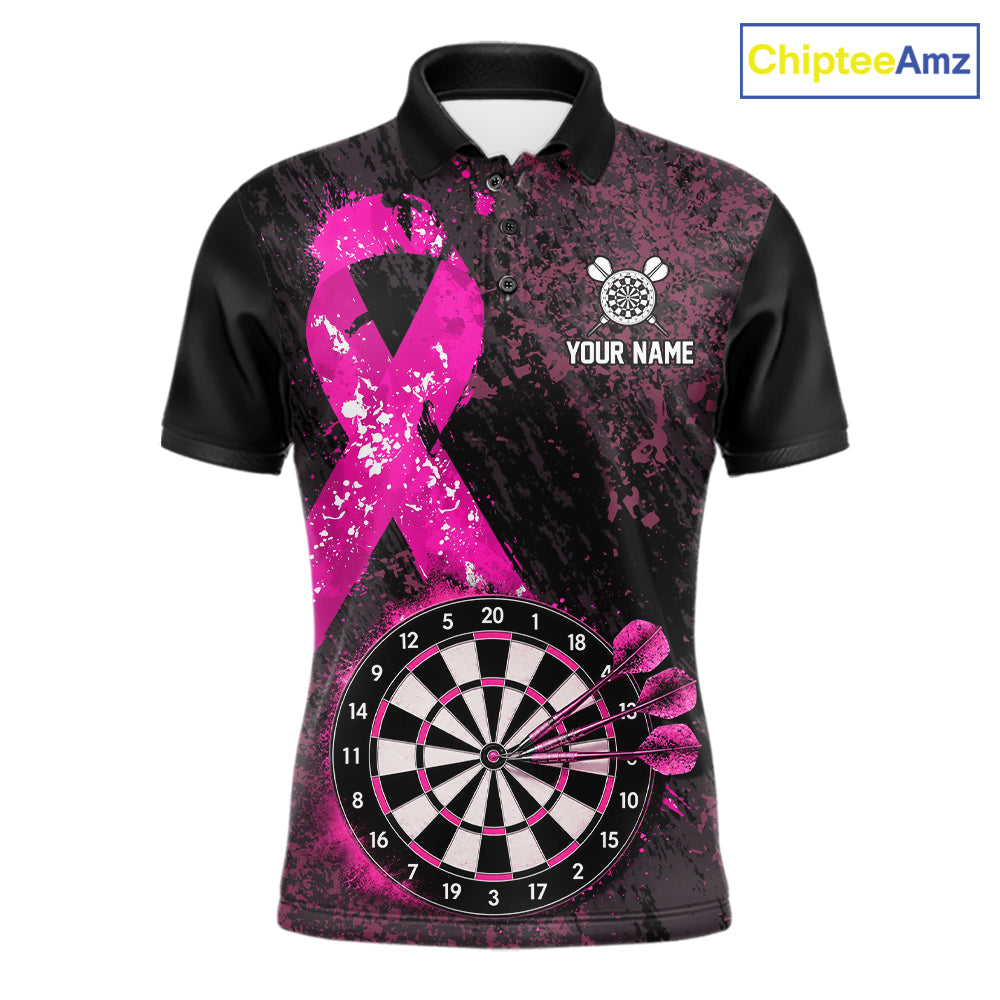 Personalized Pink Ribbons Grunge Darts Shirts For Men, Custom Breast Cancer Darts Team Shirts NYN4208
