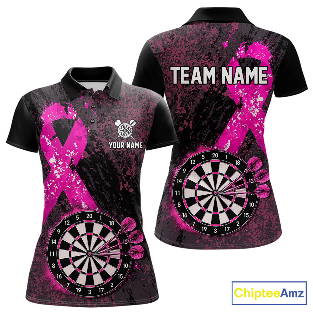 Personalized Pink Ribbons Grunge Darts Shirts For Women, Custom Breast Cancer Darts Team Shirts NYN4208