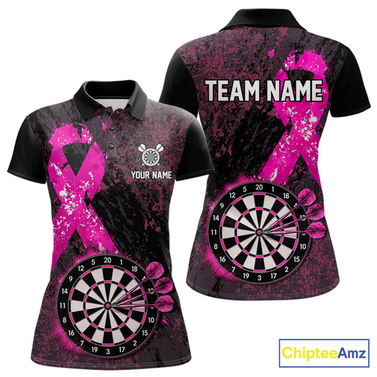 Personalized Pink Ribbons Grunge Darts Shirts For Women, Custom Breast Cancer Darts Team Shirts NYN4208