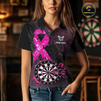 Personalized Pink Ribbons Grunge Darts Shirts For Women, Custom Breast Cancer Darts Team Shirts NYN4208