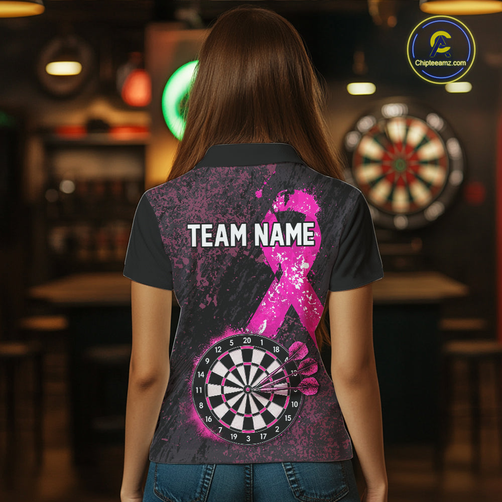 Personalized Pink Ribbons Grunge Darts Shirts For Women, Custom Breast Cancer Darts Team Shirts NYN4208