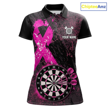 Personalized Pink Ribbons Grunge Darts Shirts For Women, Custom Breast Cancer Darts Team Shirts NYN4208