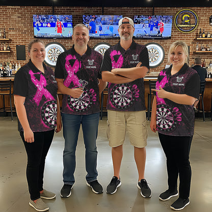 Personalized Pink Ribbons Grunge Darts Shirts For Men, Custom Breast Cancer Darts Team Shirts NYN4208
