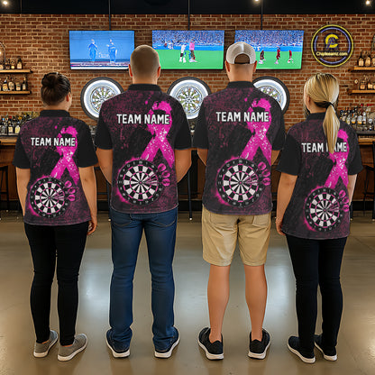 Personalized Pink Ribbons Grunge Darts Shirts For Men, Custom Breast Cancer Darts Team Shirts NYN4208