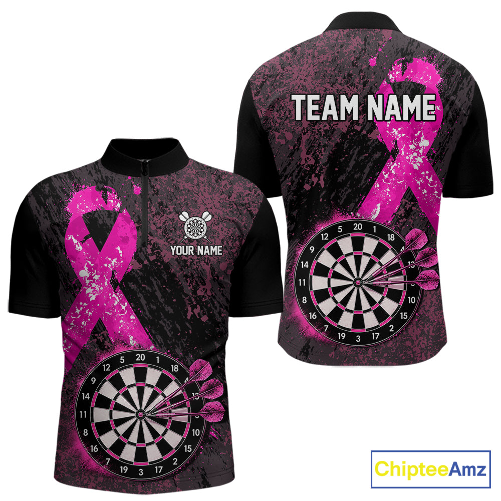 Personalized Pink Ribbons Grunge Darts Shirts For Men, Custom Breast Cancer Darts Team Shirts NYN4208