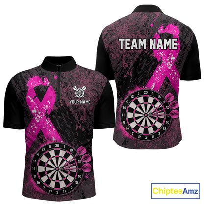 Personalized Pink Ribbons Grunge Darts Shirts For Men, Custom Breast Cancer Darts Team Shirts NYN4208