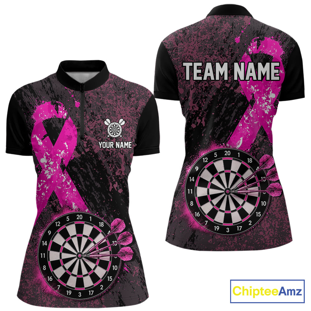 Personalized Pink Ribbons Grunge Darts Shirts For Women, Custom Breast Cancer Darts Team Shirts NYN4208