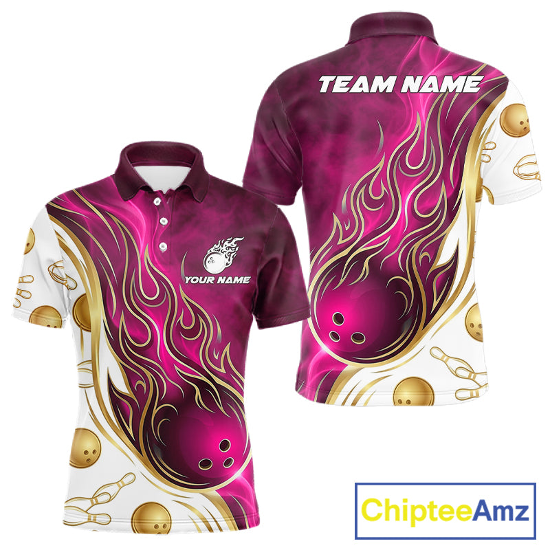 Custom Gold And Pink Flames Bowling Team Jerseys, Bowling League Polo & 1/4-Zip Shirt For Men NYN4210
