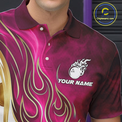 Custom Gold And Pink Flames Bowling Team Jerseys, Bowling League Polo & 1/4-Zip Shirt For Men NYN4210