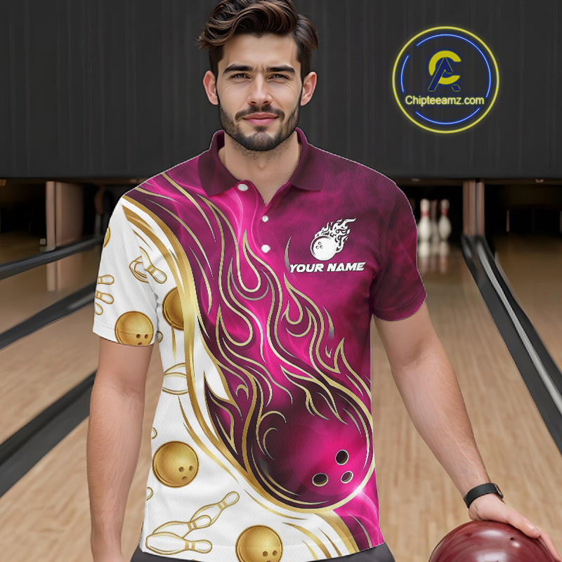 Custom Gold And Pink Flames Bowling Team Jerseys, Bowling League Polo & 1/4-Zip Shirt For Men NYN4210