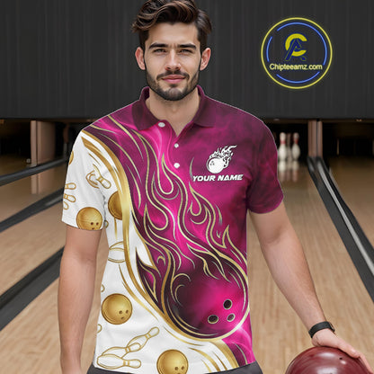 Custom Gold And Pink Flames Bowling Team Jerseys, Bowling League Polo & 1/4-Zip Shirt For Men NYN4210