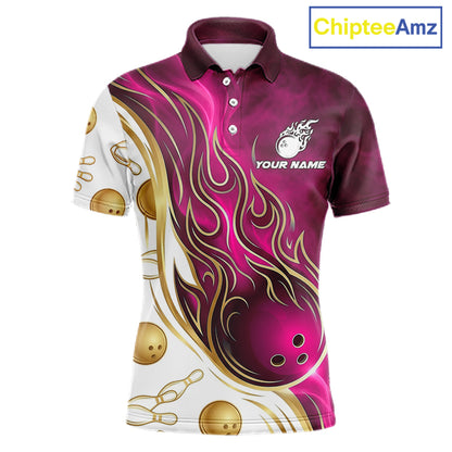 Custom Gold And Pink Flames Bowling Team Jerseys, Bowling League Polo & 1/4-Zip Shirt For Men NYN4210