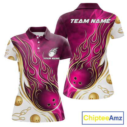 Custom Gold And Pink Flames Bowling Team Jerseys, Bowling League Polo & 1/4-Zip Shirt For Women NYN4210