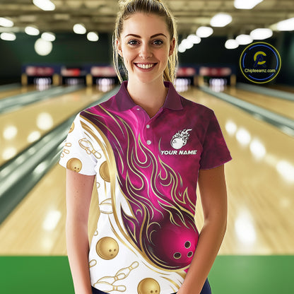 Custom Gold And Pink Flames Bowling Team Jerseys, Bowling League Polo & 1/4-Zip Shirt For Women NYN4210