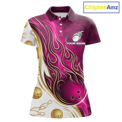 Custom Gold And Pink Flames Bowling Team Jerseys, Bowling League Polo & 1/4-Zip Shirt For Women NYN4210