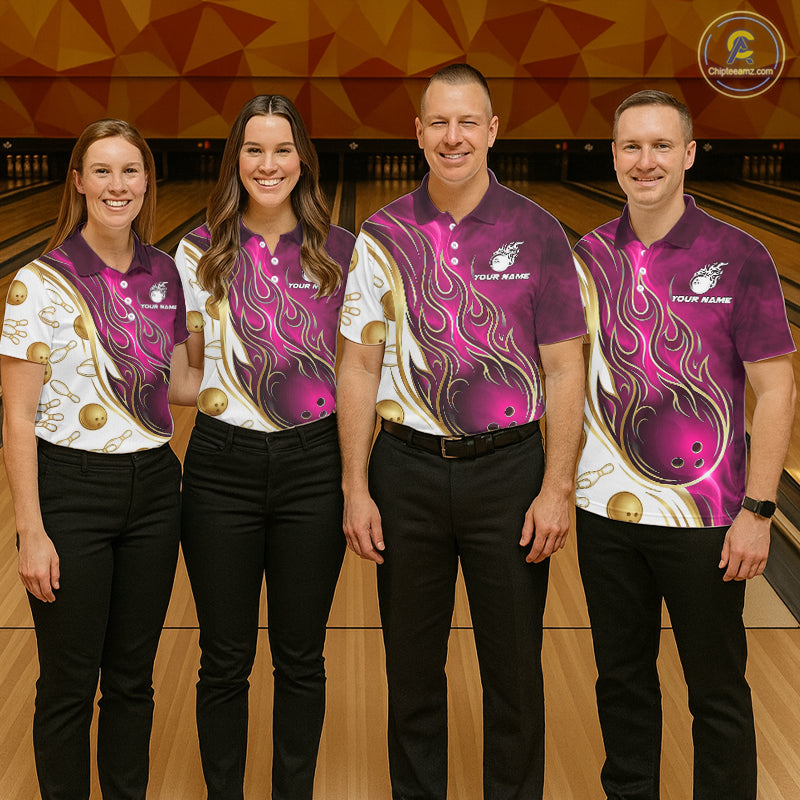 Custom Gold And Pink Flames Bowling Team Jerseys, Bowling League Polo & 1/4-Zip Shirt For Men NYN4210