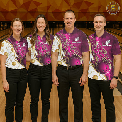 Custom Gold And Pink Flames Bowling Team Jerseys, Bowling League Polo & 1/4-Zip Shirt For Men NYN4210