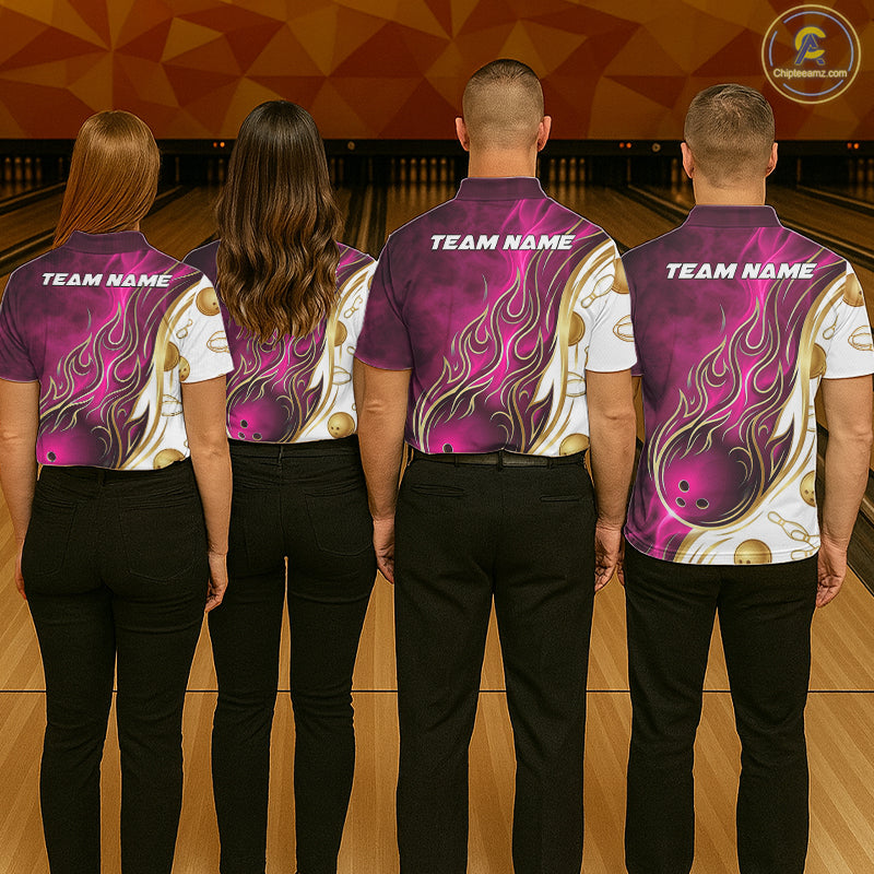 Custom Gold And Pink Flames Bowling Team Jerseys, Bowling League Polo & 1/4-Zip Shirt For Men NYN4210