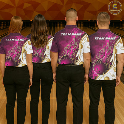 Custom Gold And Pink Flames Bowling Team Jerseys, Bowling League Polo & 1/4-Zip Shirt For Men NYN4210