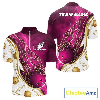 Custom Gold And Pink Flames Bowling Team Jerseys, Bowling League Polo & 1/4-Zip Shirt For Men NYN4210