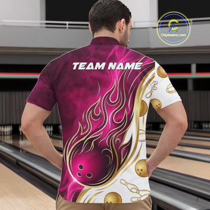 Custom Gold And Pink Flames Bowling Team Jerseys, Bowling League Polo & 1/4-Zip Shirt For Men NYN4210