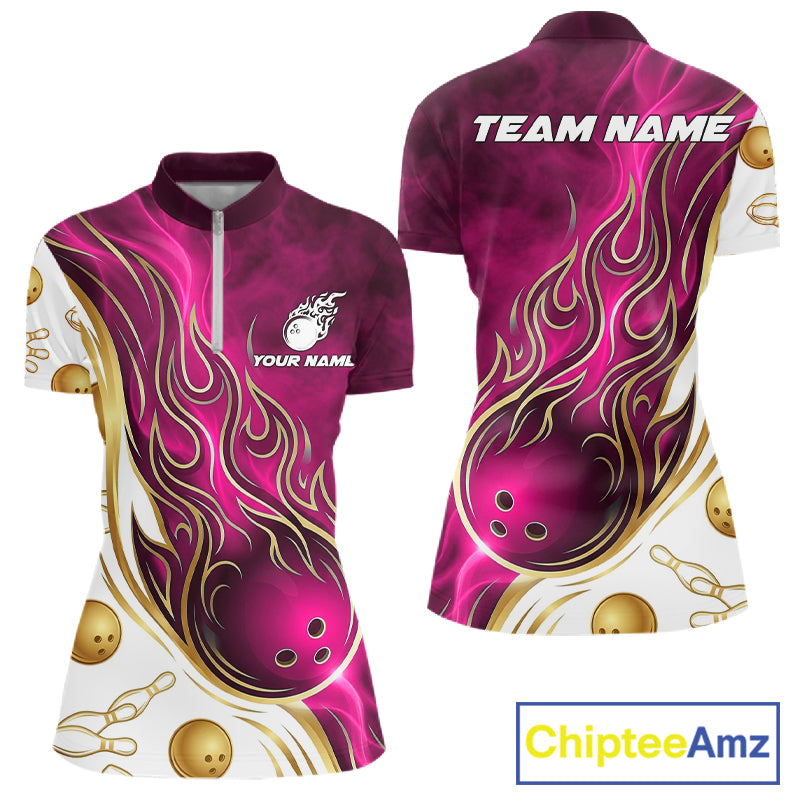 Custom Gold And Pink Flames Bowling Team Jerseys, Bowling League Polo & 1/4-Zip Shirt For Women NYN4210