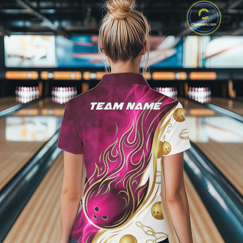 Custom Gold And Pink Flames Bowling Team Jerseys, Bowling League Polo & 1/4-Zip Shirt For Women NYN4210