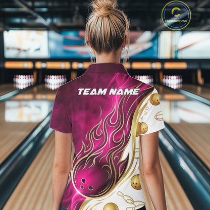 Custom Gold And Pink Flames Bowling Team Jerseys, Bowling League Polo & 1/4-Zip Shirt For Women NYN4210