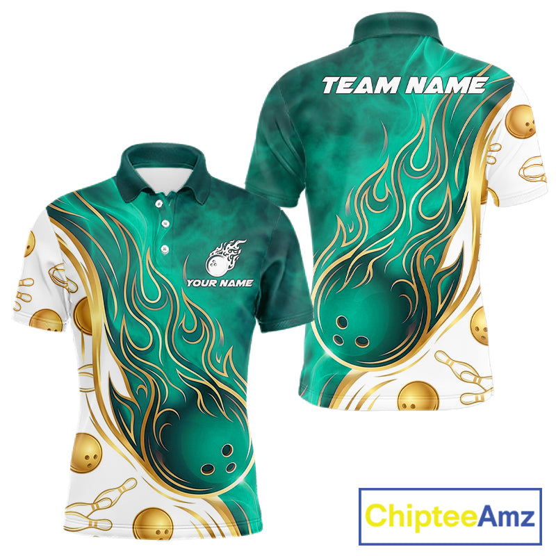 Custom Gold And Teal Flames Bowling Team Jerseys, Bowling League Polo & 1/4-Zip Shirt For Men NYN4211