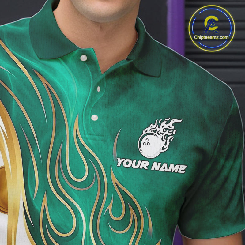 Custom Gold And Teal Flames Bowling Team Jerseys, Bowling League Polo & 1/4-Zip Shirt For Men NYN4211