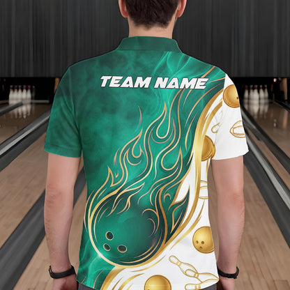 Custom Gold And Teal Flames Bowling Team Jerseys, Bowling League Polo & 1/4-Zip Shirt For Men NYN4211