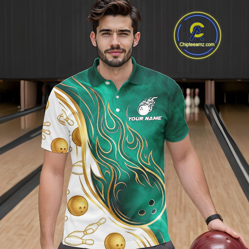 Custom Gold And Teal Flames Bowling Team Jerseys, Bowling League Polo & 1/4-Zip Shirt For Men NYN4211