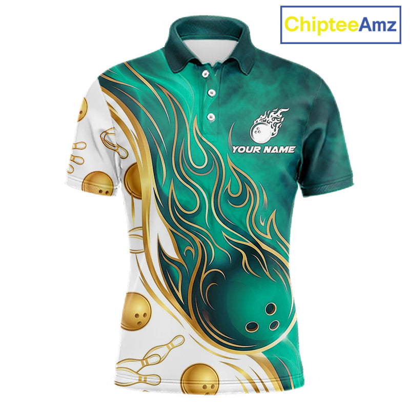 Custom Gold And Teal Flames Bowling Team Jerseys, Bowling League Polo & 1/4-Zip Shirt For Men NYN4211