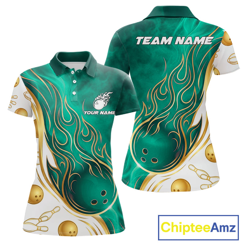 Custom Gold And Teal Flames Bowling Team Jerseys, Bowling League Polo & 1/4-Zip Shirt For Women NYN4211